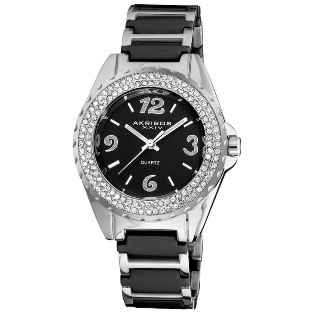 Akribos XXIV Black and Silver Diamond  Bezel Women's Watch Brand New